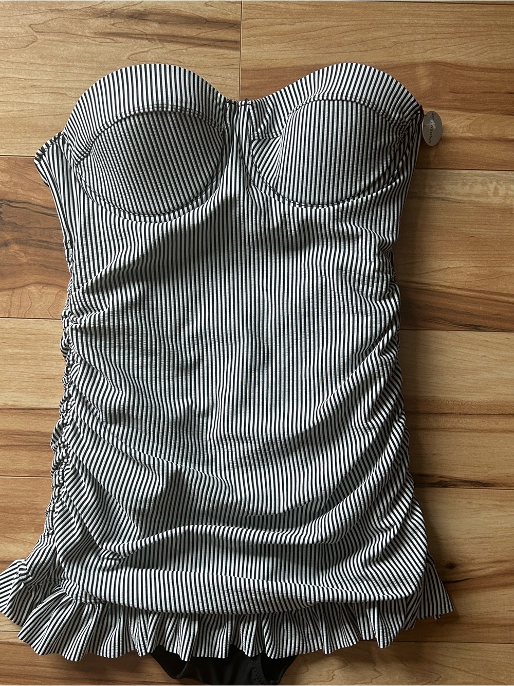 Jessica Simpson Black and White Striped Strapless Swim Dress